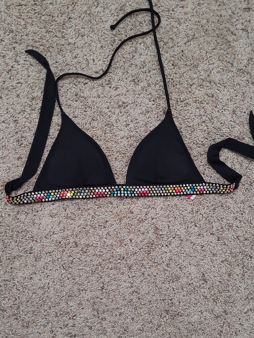 Victoria's Secret Push Up Black Triangle Bikini Top with Multicolor Stud Band